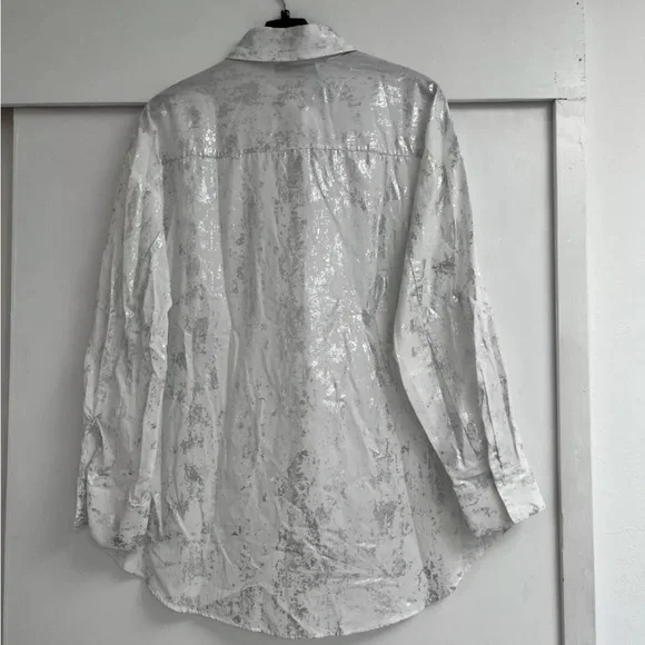 Zara Brushed Silver Metallic Foil White Cotton Button-Up Blouse | S | NWT - Picture 9 of 12